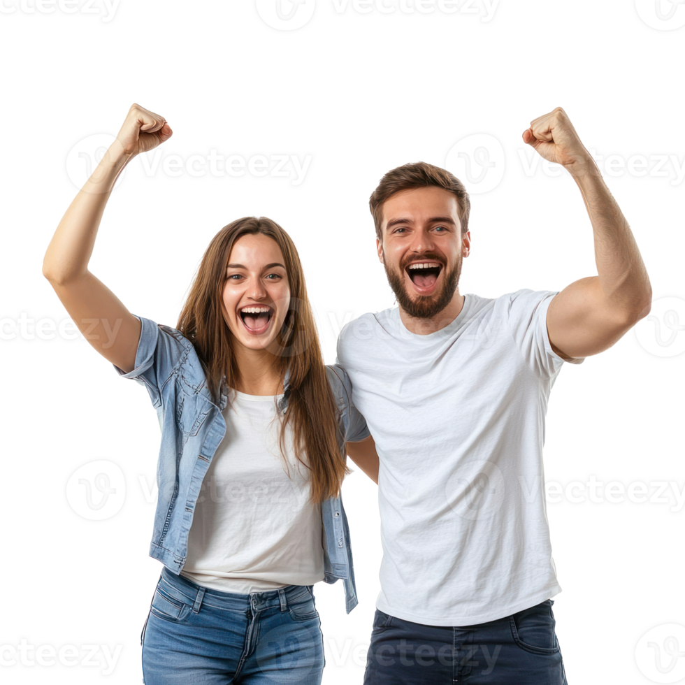 Excited young couple rejoicing success gesture, standing front view isolate on transparency background png