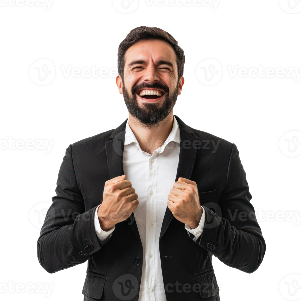 Businessman with clenching fists gesture and celebrating success front view isolate on transparency background png