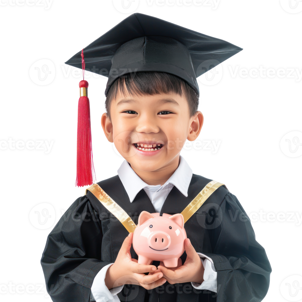 Smiling little boy wearing graduation gown uniform standing with hand holding piggy bank isolate on transparency background png