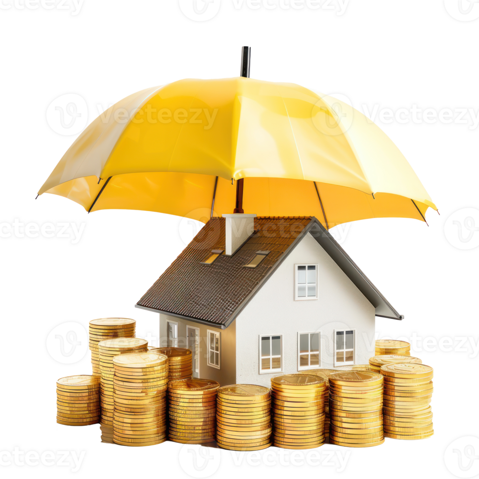 Small house model on stack gold coins under umbrellar, insurance concept isolate on transparency background png