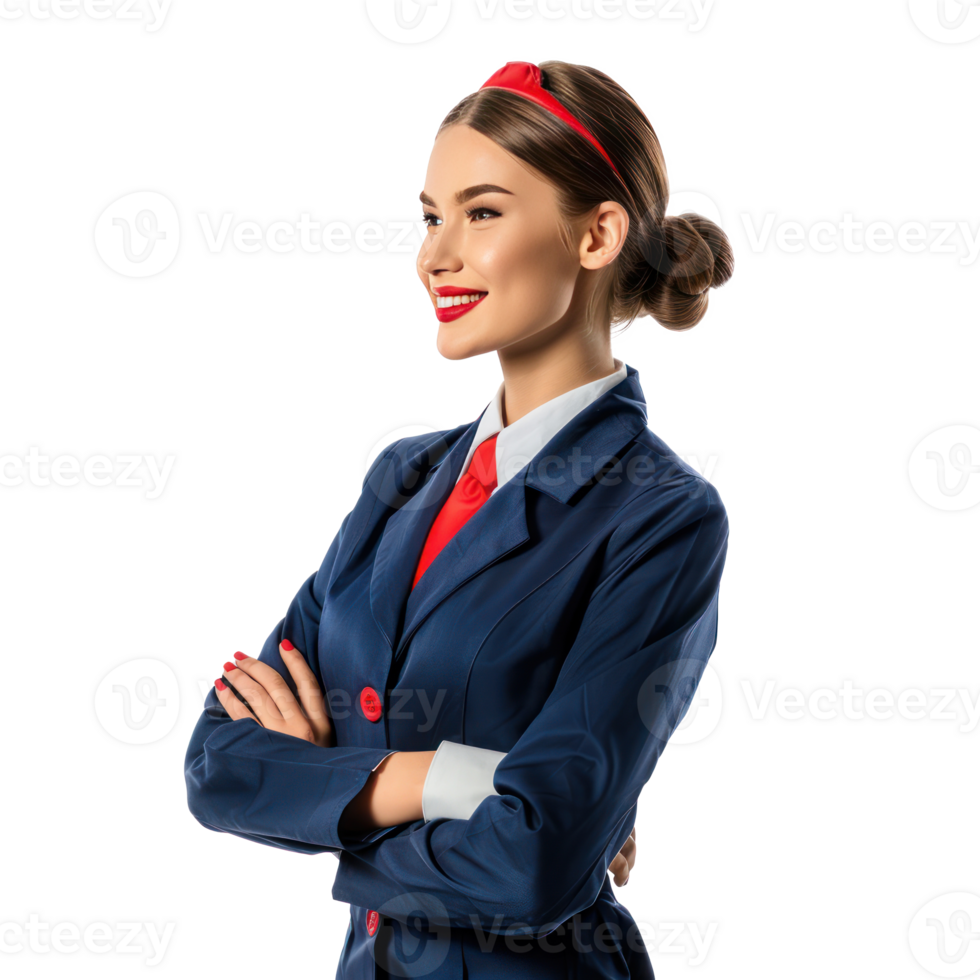 Friendly smile female flight attendant standing side view isolate on transparency background png