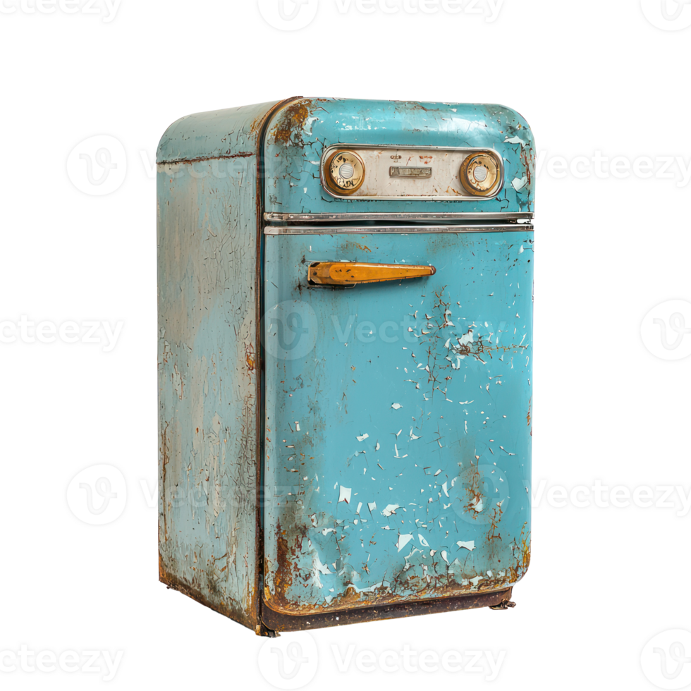 Old broken retro fridge side view isolate on transparency background png