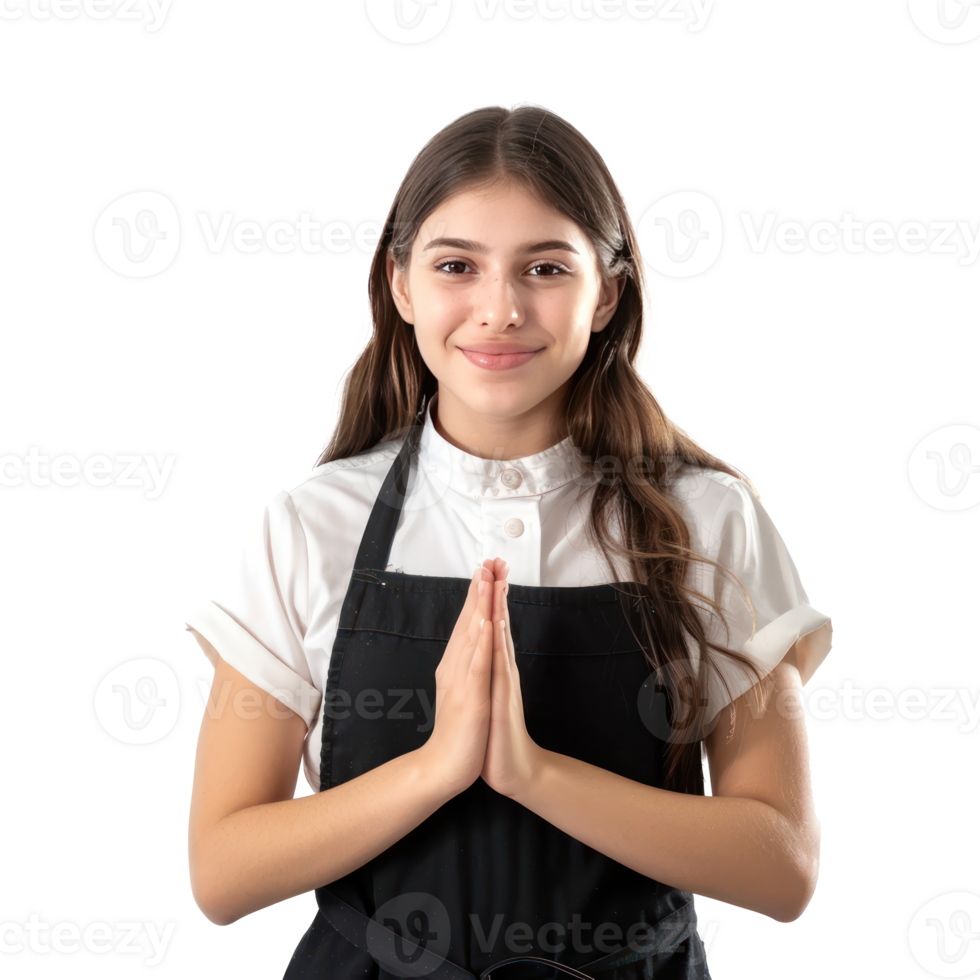 Pretty young waitress in uniform greeting with respect palm joint gesture isolate on transparency background png