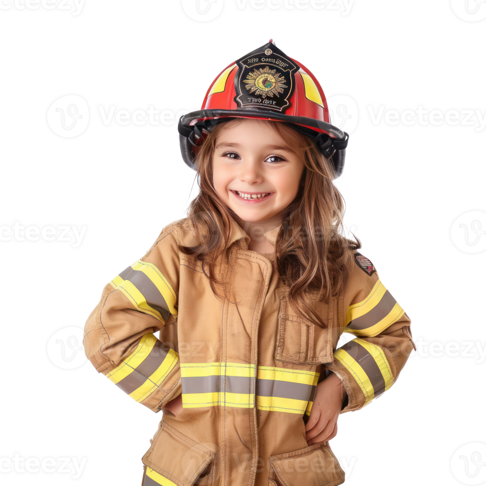 Smiling little girl wearing firefighter uniform standing isolate on transparency background png