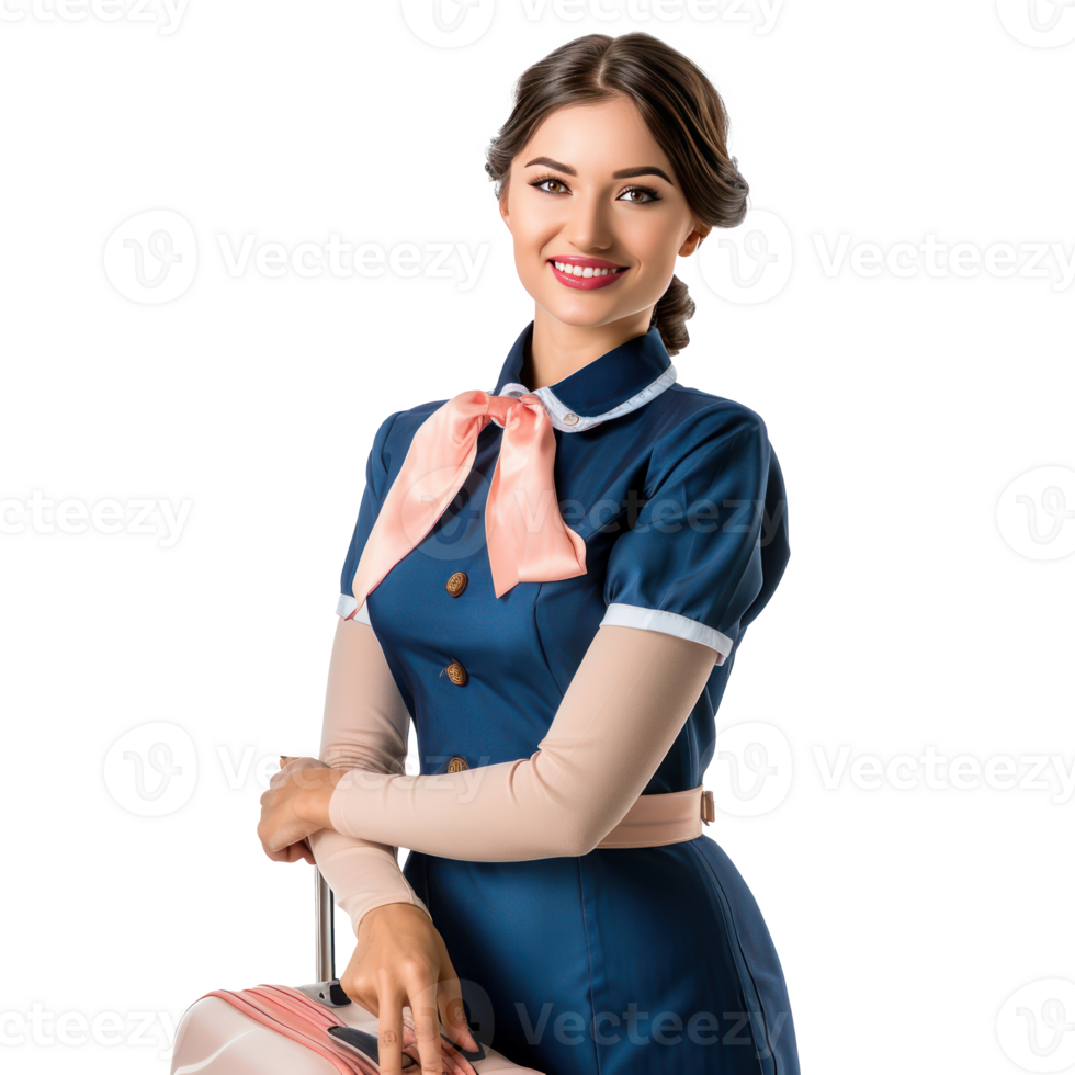 Smiling air hostess woman standing with travel suitcase front view isolate on transparency background png
