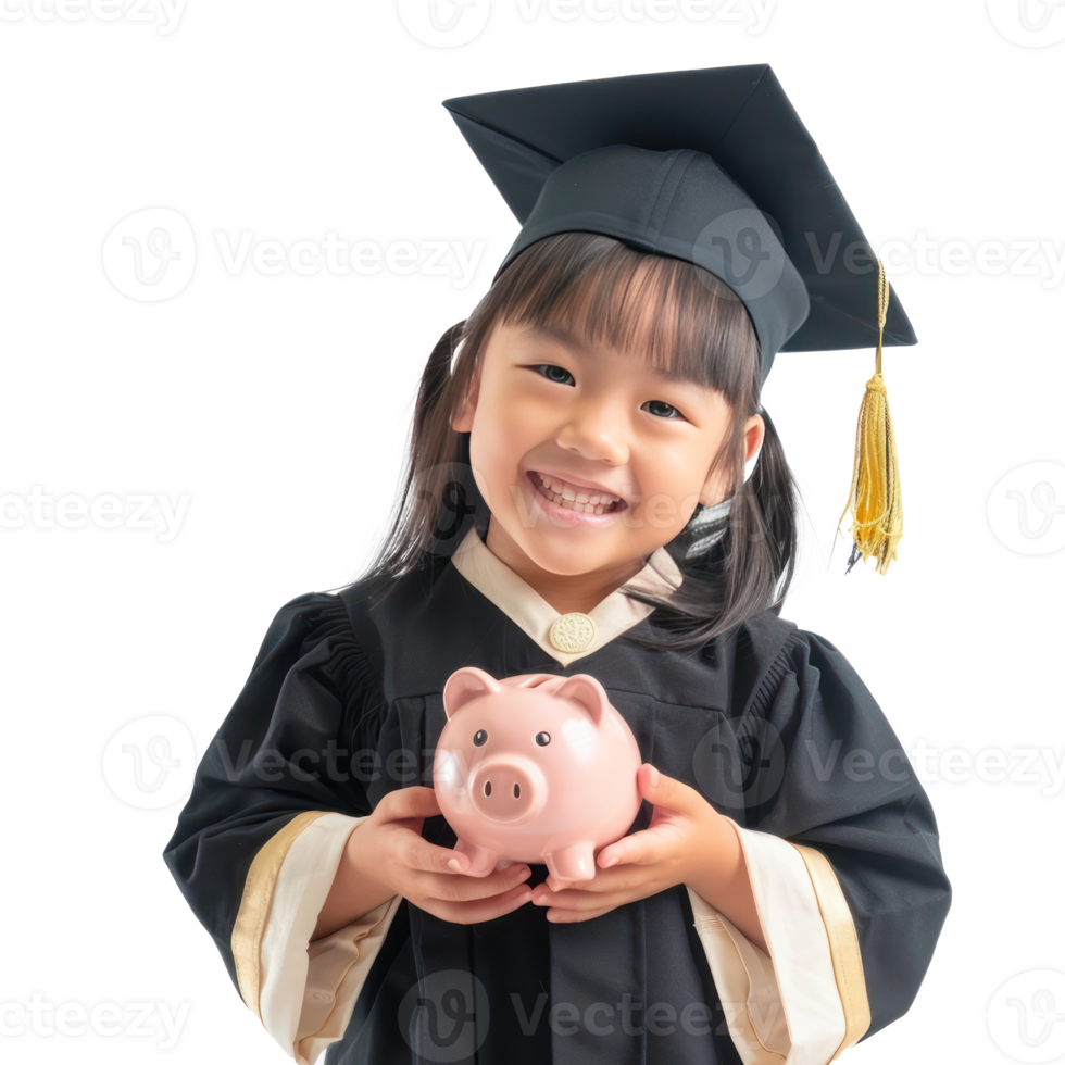 Smiling little girl wearing graduation gown uniform standing with hand holding piggy bank isolate on transparency background png