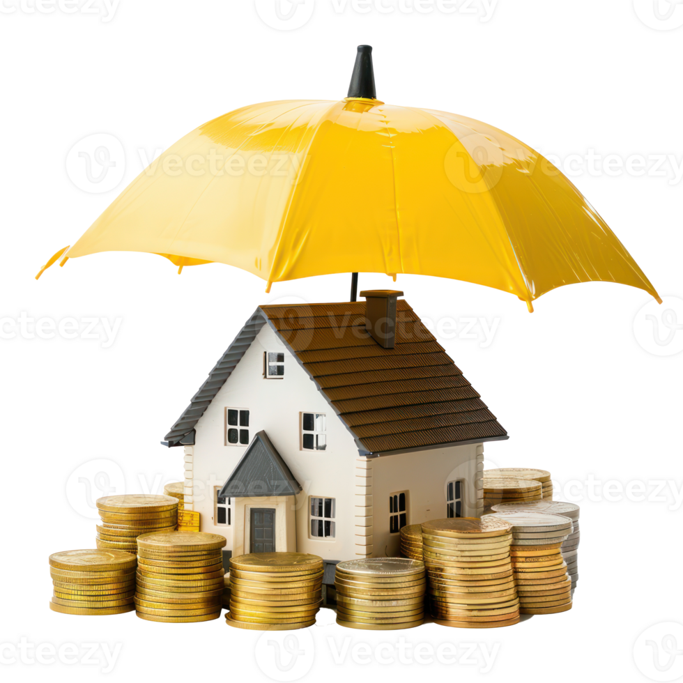 Small house model on stack gold coins under umbrellar, insurance concept isolate on transparency background png