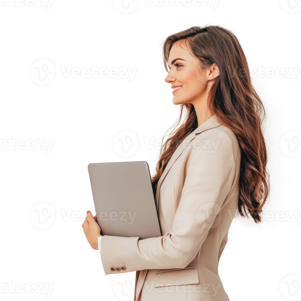 Happy businesswoman holding laptop looking away with smiling and confident side view isolate on transparency background png