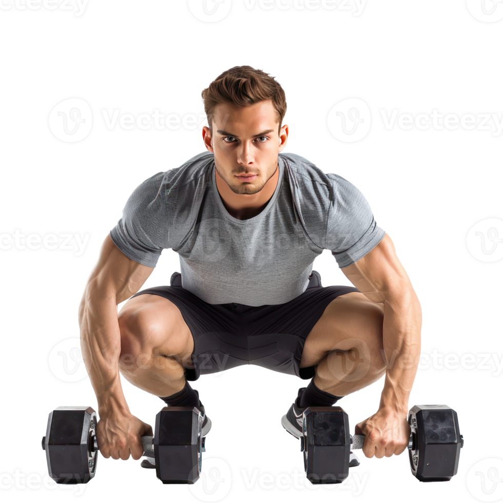 Man crouching with dumbbells in workout pose isolate on transparency background png