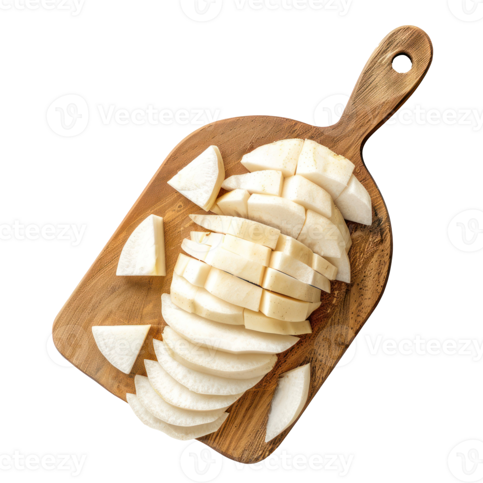 Sliced Jicama on chopping board top view isolate on transparency background png