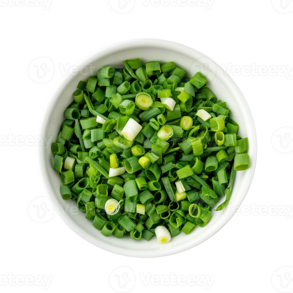 Chopped green onions in bowl top view isolate on transparency background png