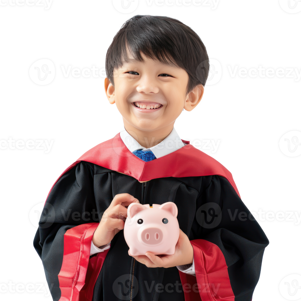 Smiling little boy wearing graduation gown uniform standing with hand holding piggy bank side view isolate on transparency background png