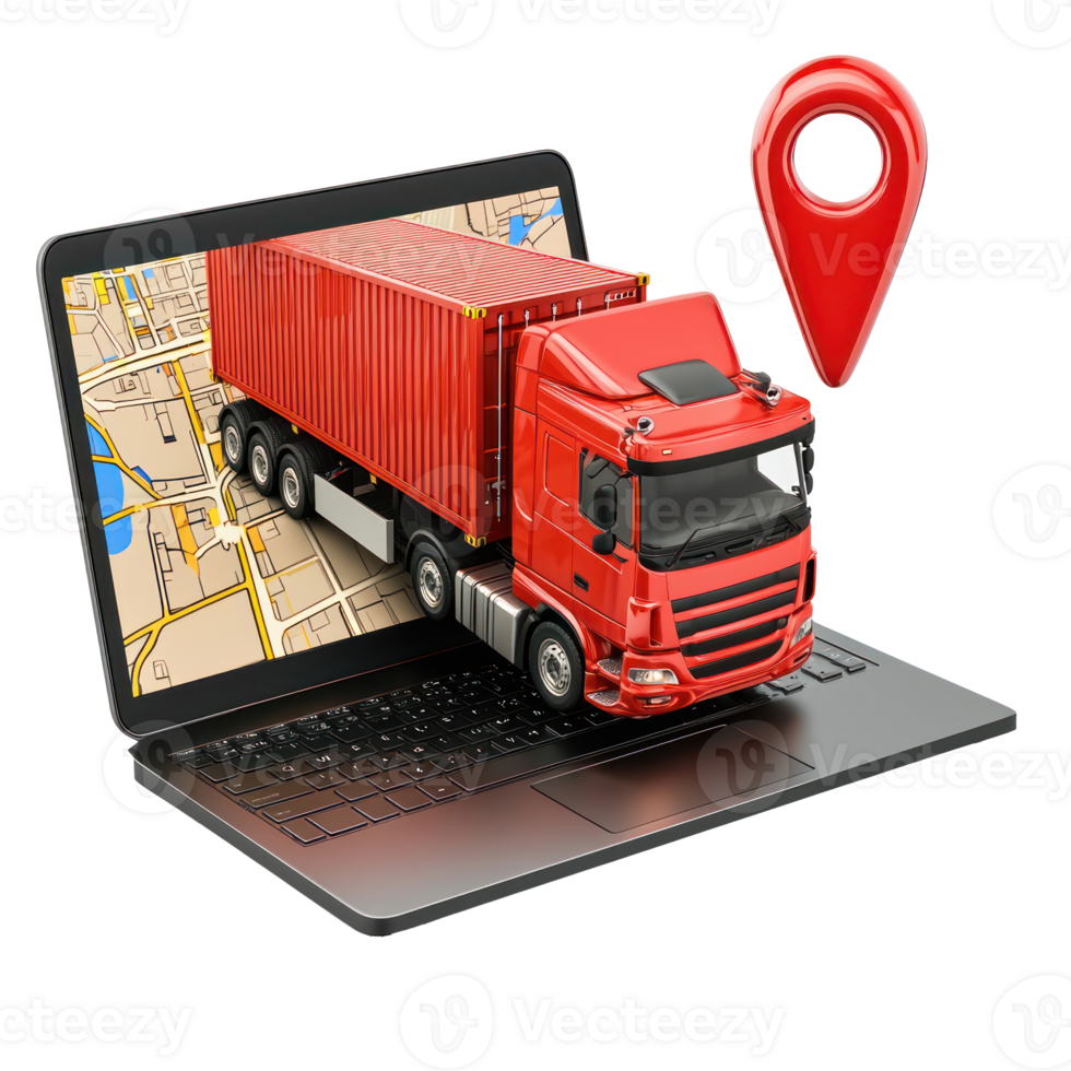 3D laptop with Cargo Container truck, logistic concept and red pin side view isolate on transparency background png