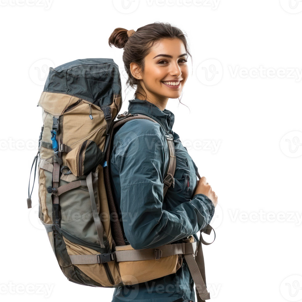 Smiling hiker woman carrying backpack side view isolate on transparency background png