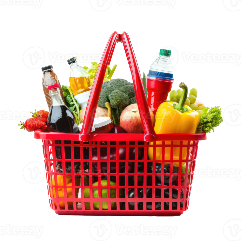 Red plastic Shopping basket with variety of grocery products side view isolate on transparency background png