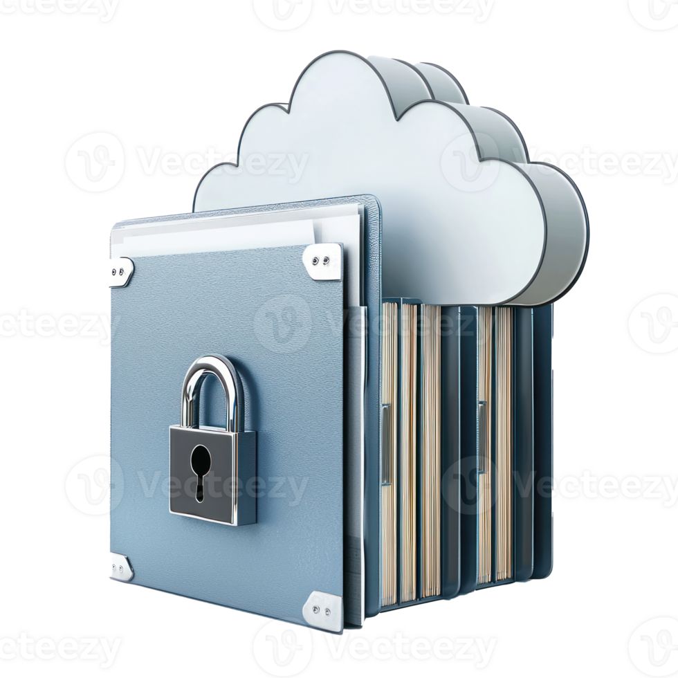 3d Cloud padlock as filing cabinet and folder side view isolate on transparency background png