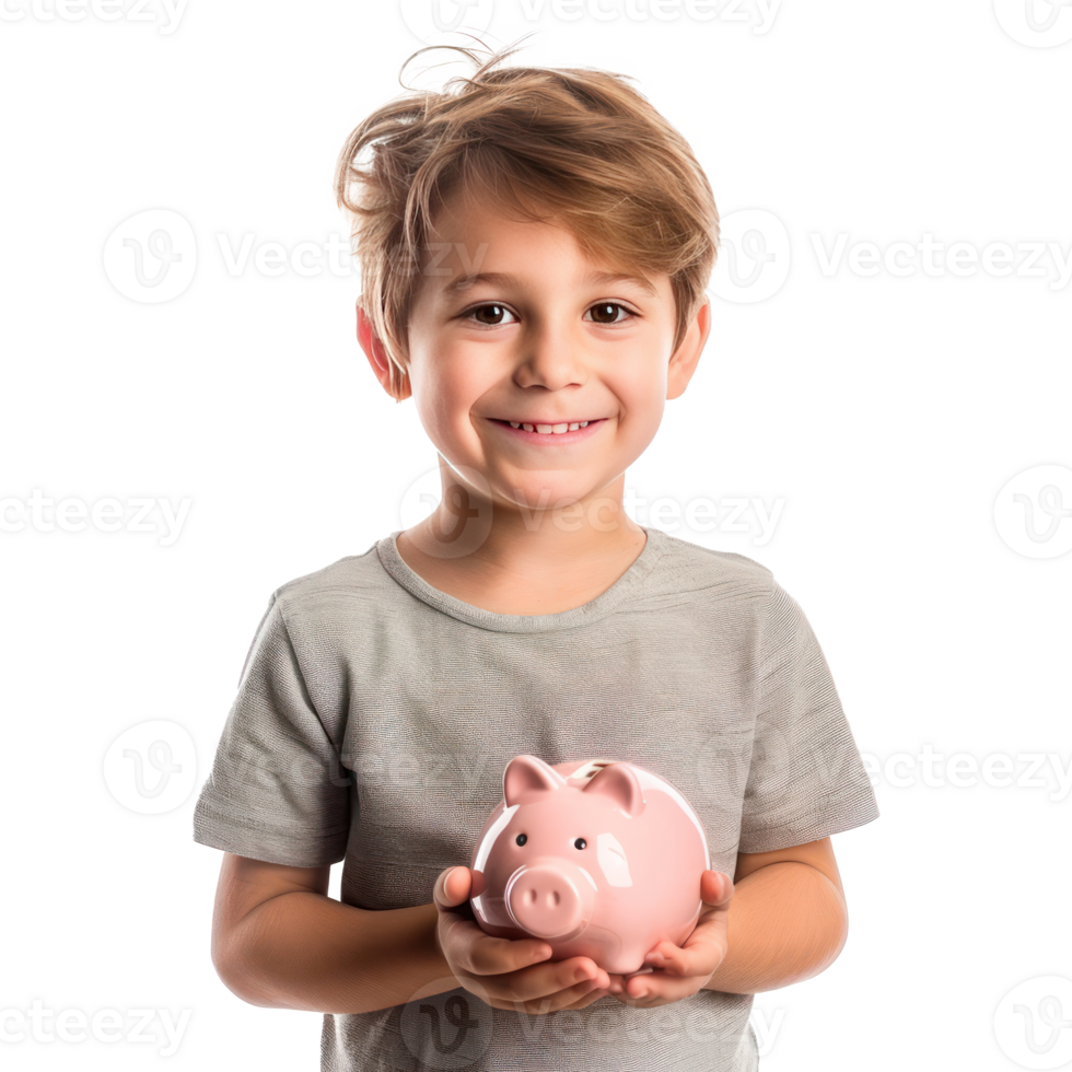 Smiling little boy standing with hand holding piggy bank isolate on transparency background png