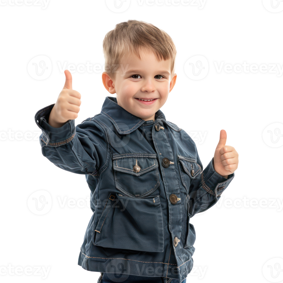 Smiling little boy wearing layer uniform standing with hand gesture giving thumb up side view isolate on transparency background png