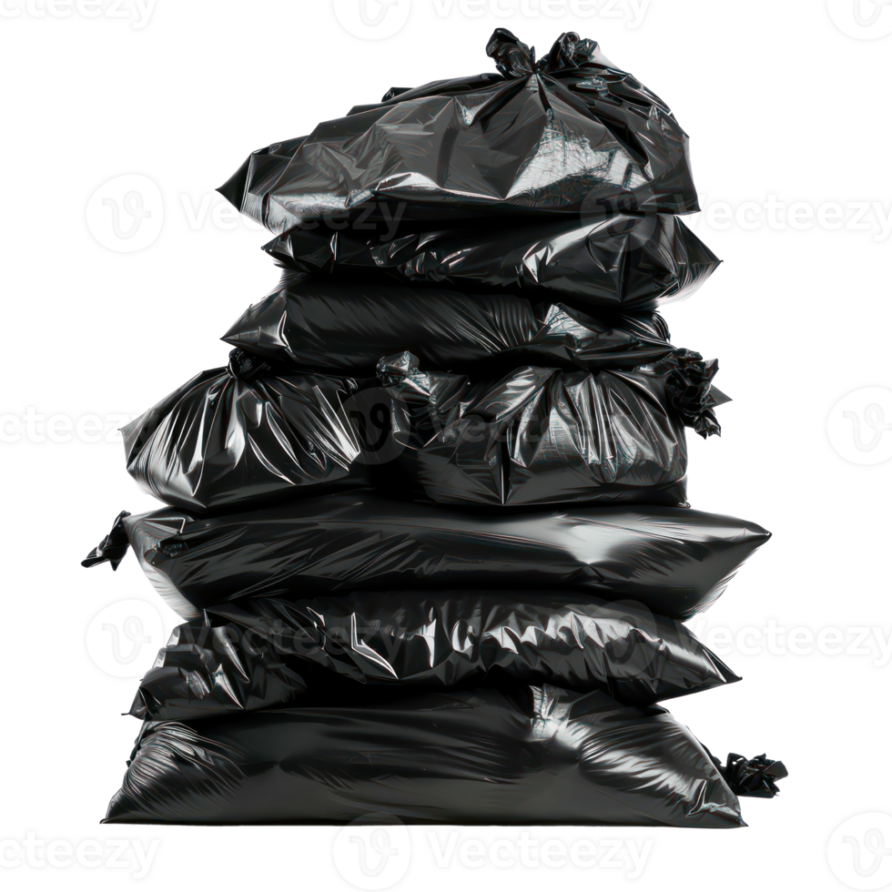 Pile of black big garbage plastic bags front view isolate on transparency background png