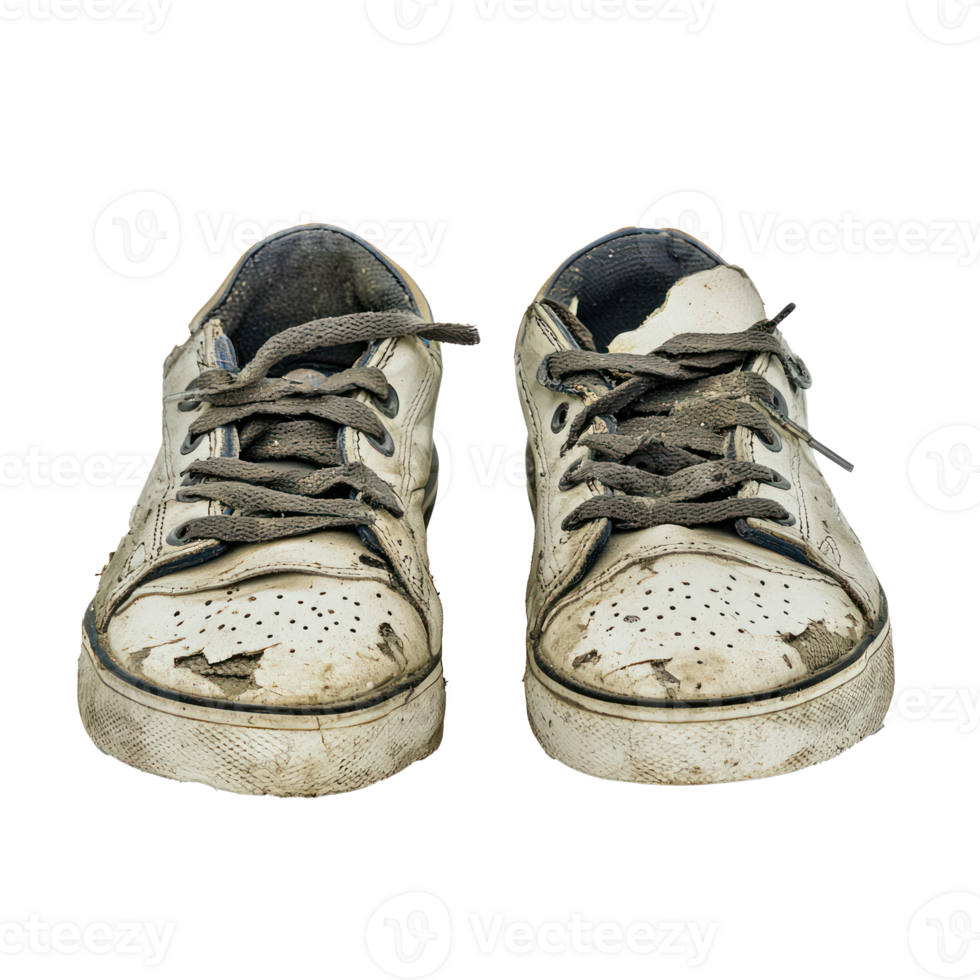 Old vintage damaged sport shoes front view isolate on transparency background png