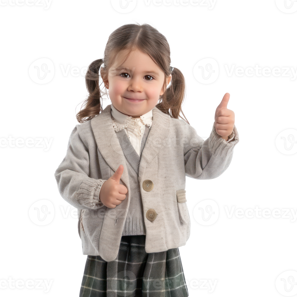 Smiling little girl wearing layer uniform standing with hand gesture giving thumb up front view isolate on transparency background png