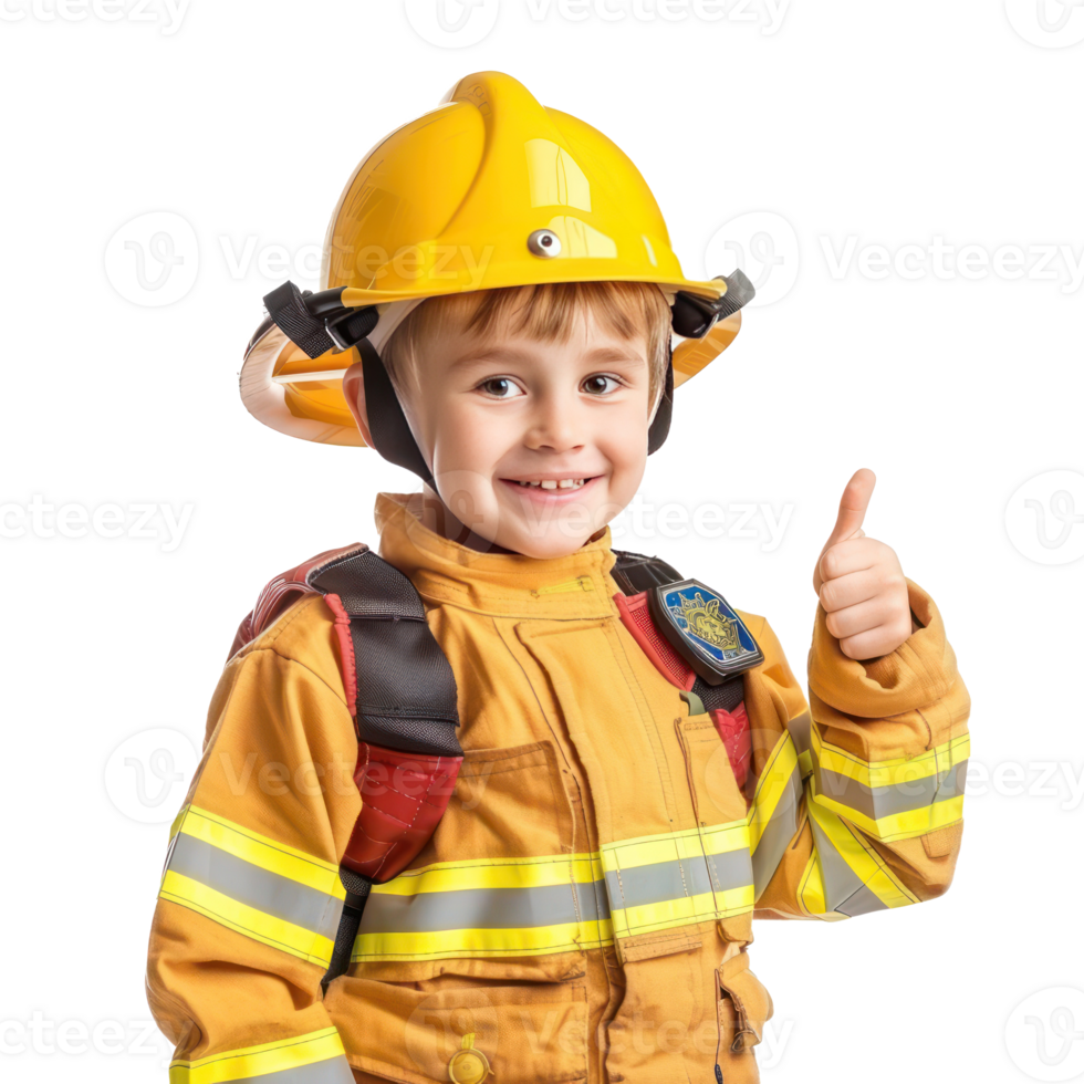 Smiling little boy wearing firefighter uniform standing with hand gesture giving thumb up side view isolate on transparency background png