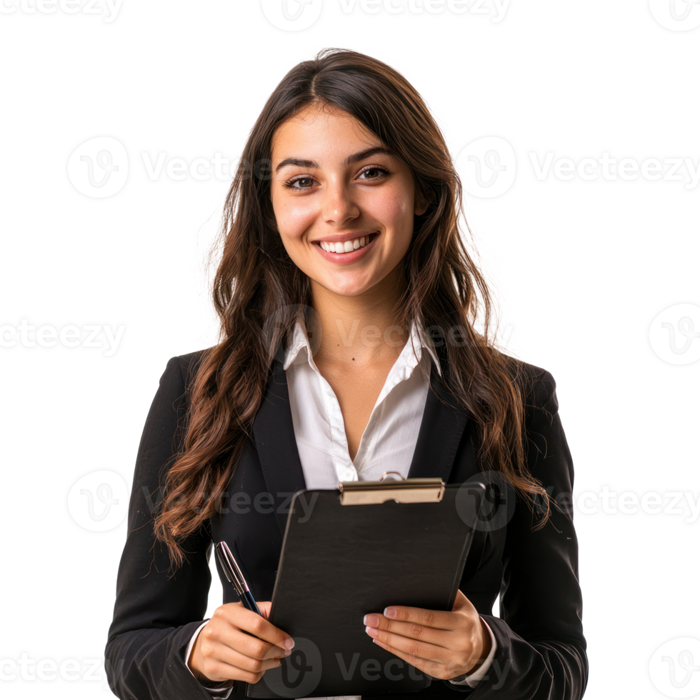 An attractive young businesswoman auditor writing on clipboard smiling and confident front view isolate on transparency background png