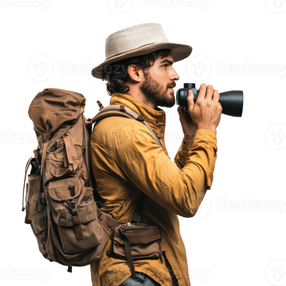Young hiking man holding binoculars side view isolate on transparency background png