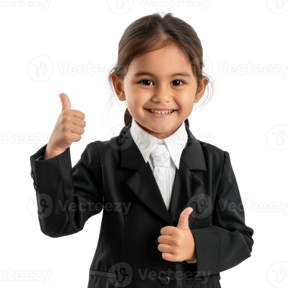Smiling little girl wearing lawyer uniform standing with hand gesture giving thumb up isolate on transparency background png
