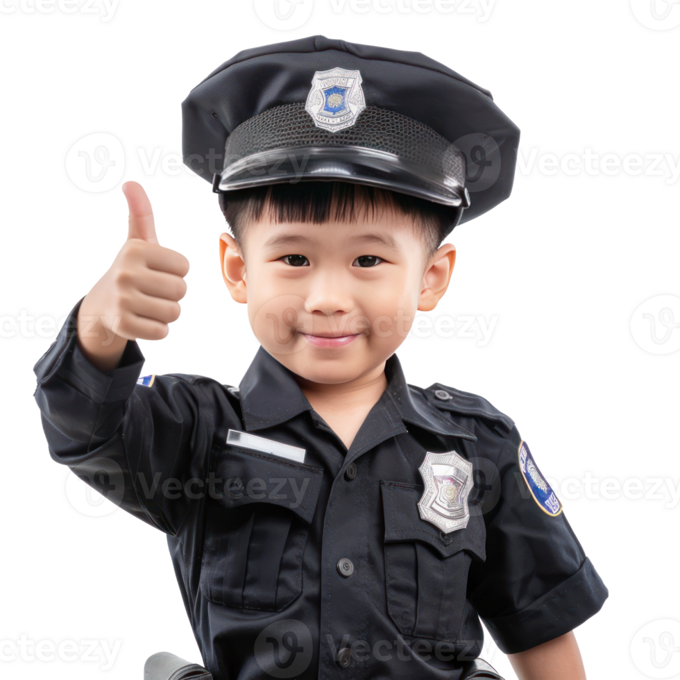 Smile little boy wearing police uniform giving thumb up front view isolate on transparency background png