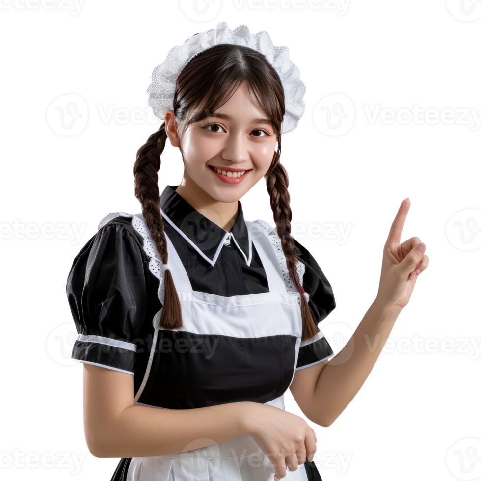 Smiling young attractive female in maid custome with hand gesture pointing something front view isolate on transparency background png