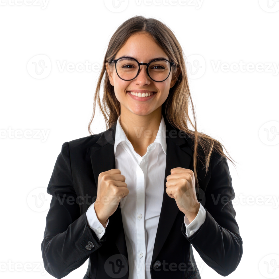 Young business woman with clenching fists gesture and celebrating success front view isolate on transparency background png