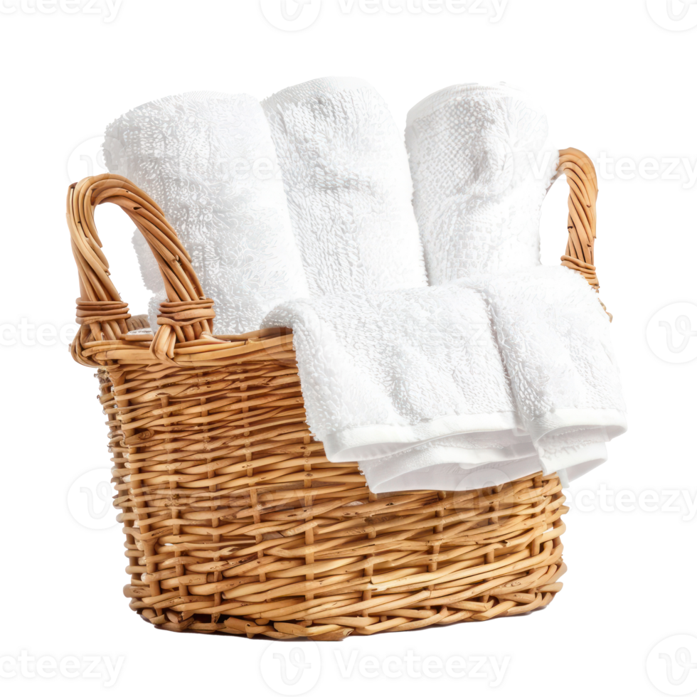 Three white hand towels in a wicker basket side view isolate on transparency background png