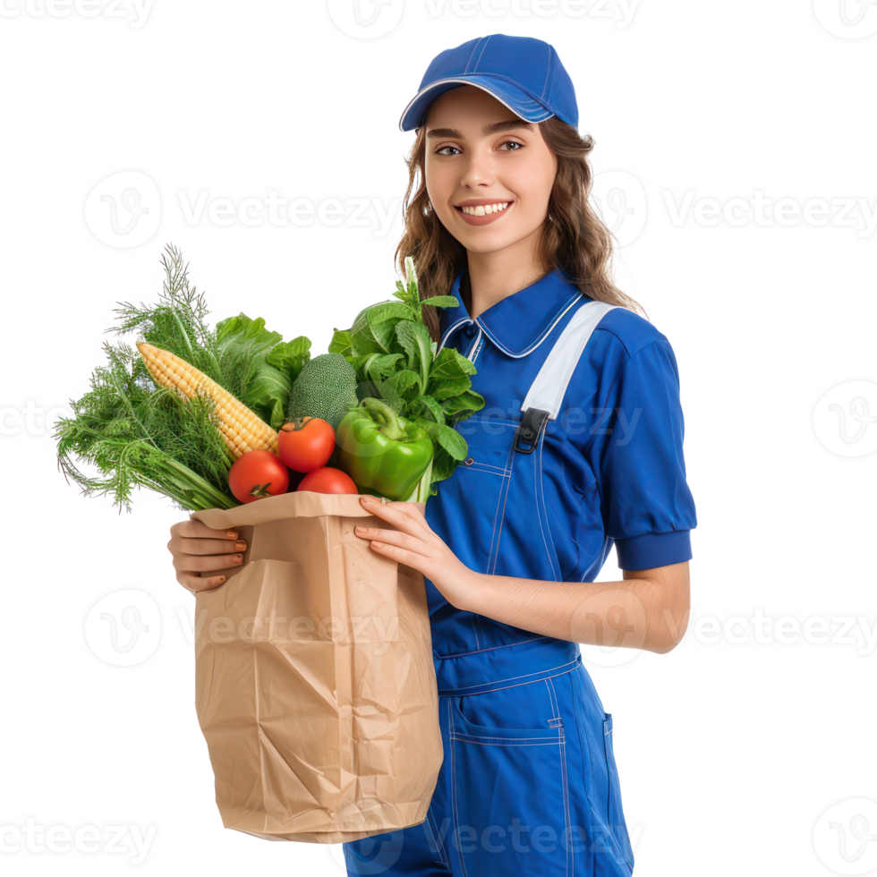 Smiling delivery woman with blue uniform holding a shopping bag full of vegetable side view isolate on transparency background png
