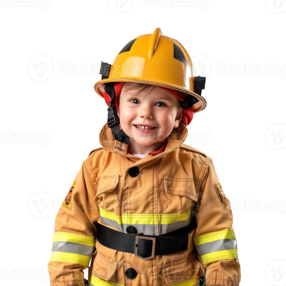 Smiling little boy wearing firefighter uniform standing front view isolate on transparency background png