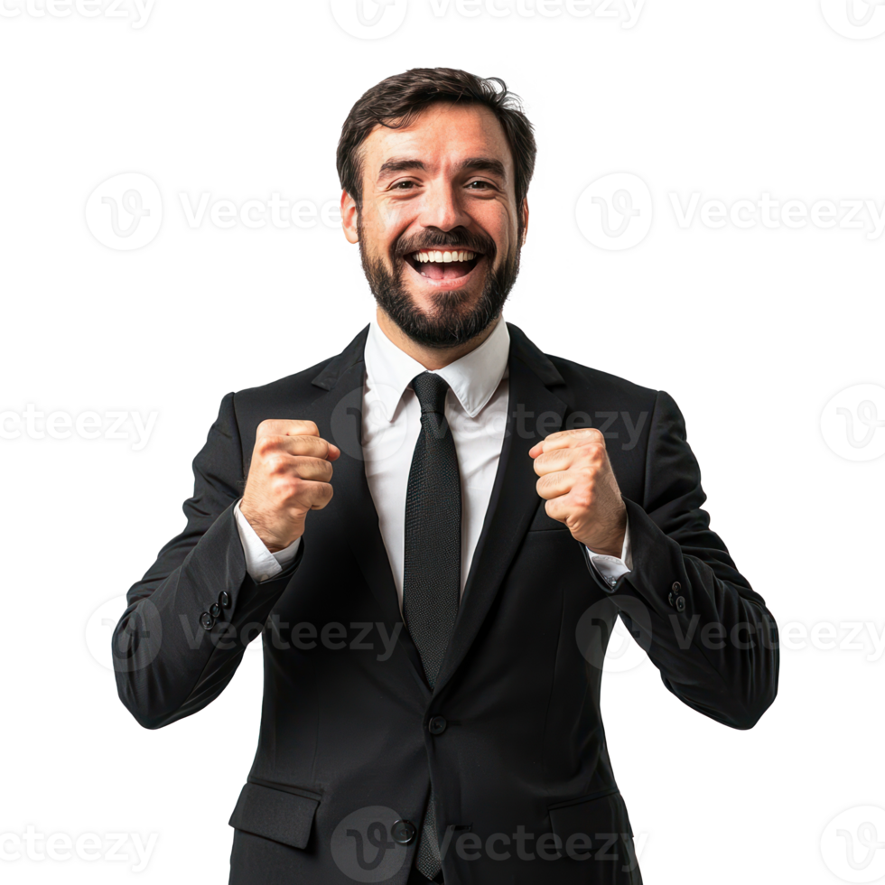 Businessman with clenching fists gesture and celebrating success front view isolate on transparency background png