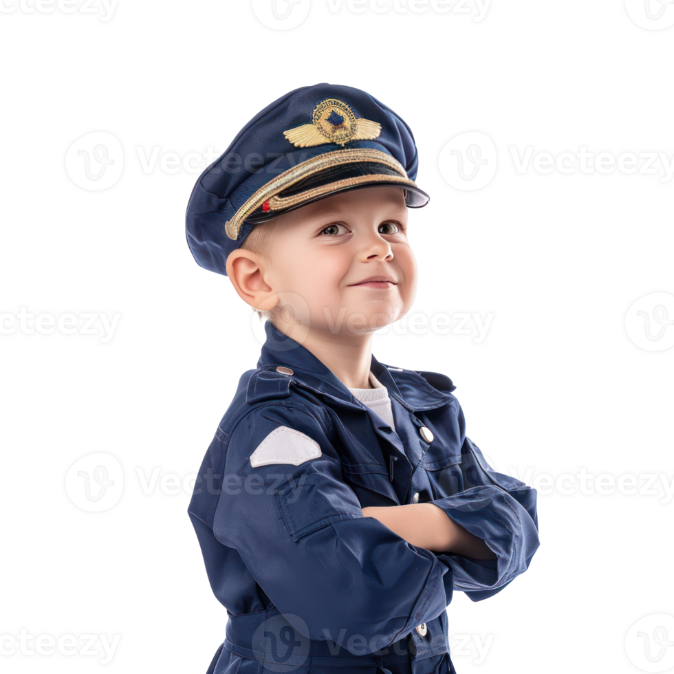 Smiling little boy wearing pilot uniform standing side view isolate on transparency background png