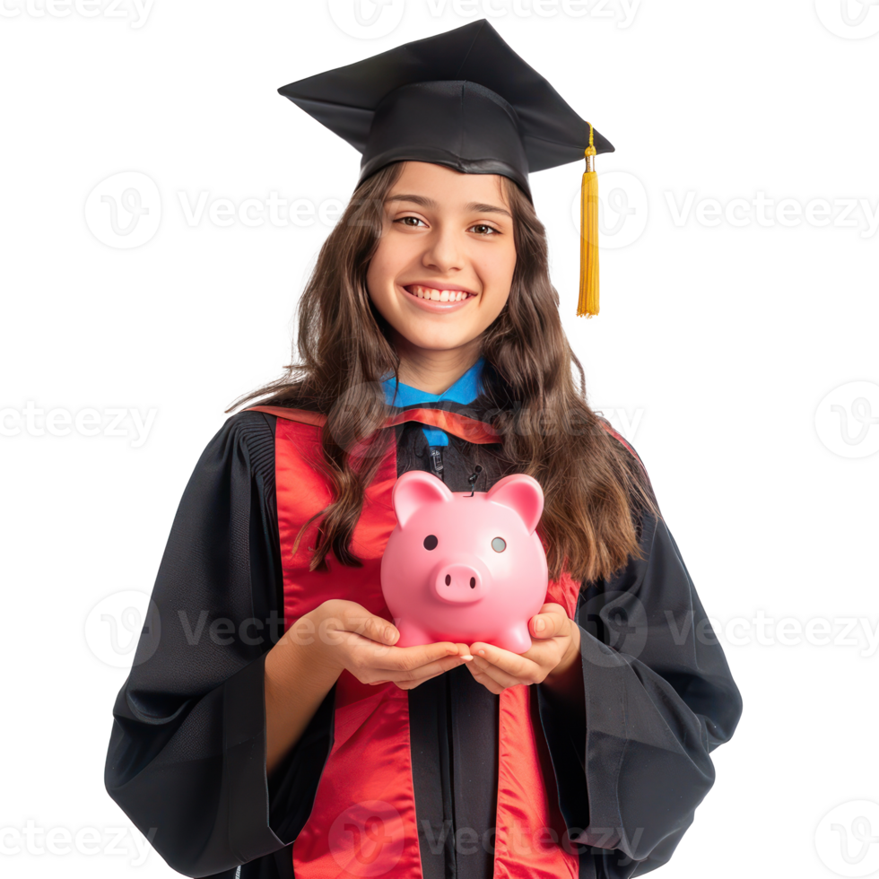 Smiling young woman wearing graduation gown uniform standing with hand holding piggy bank front view isolate on transparency background png