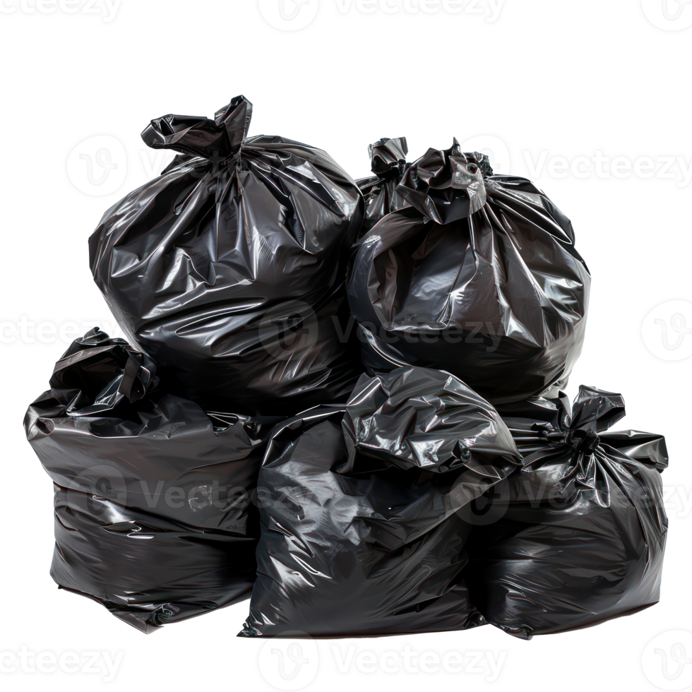 Pile of black big garbage plastic bags front view isolate on transparency background png