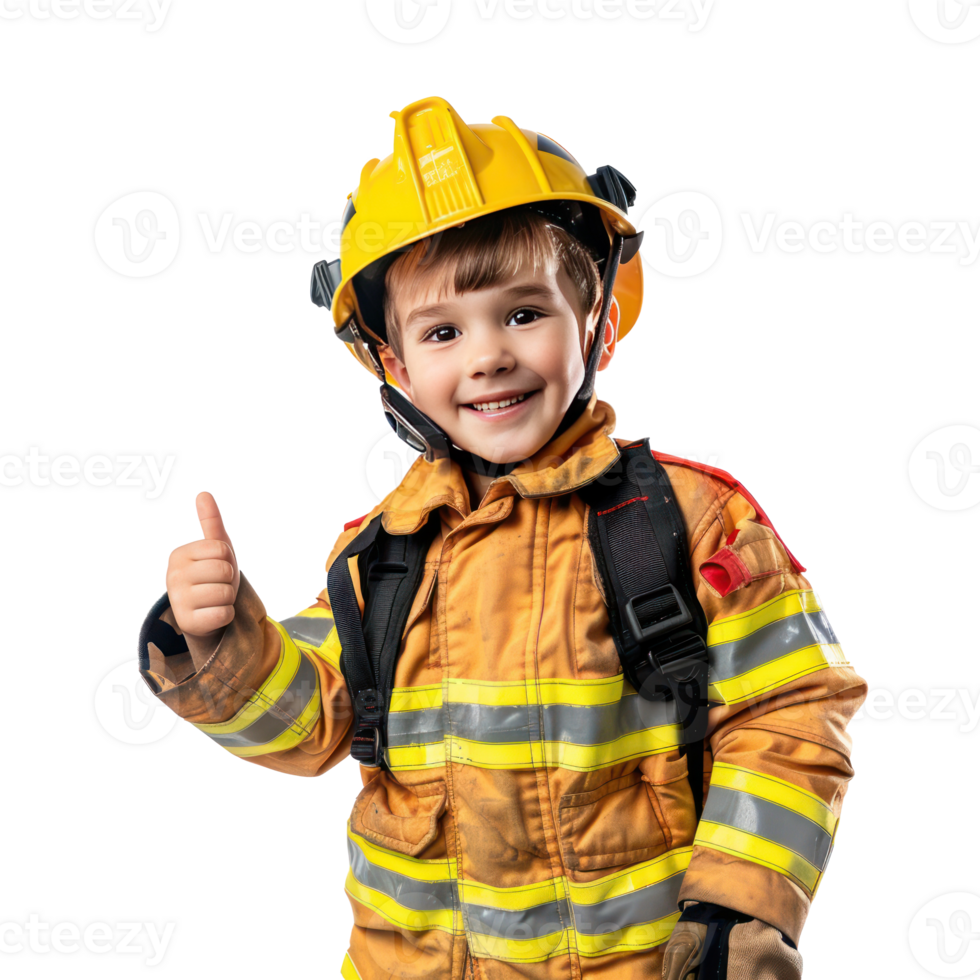 Smiling little boy wearing firefighter uniform standing with hand gesture giving thumb up front view isolate on transparency background png