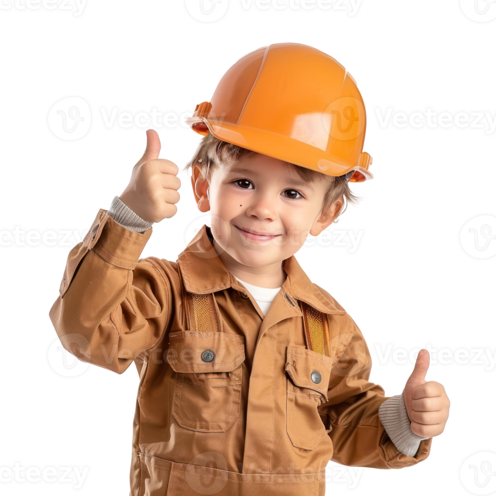 Smiling little boy wearing hard hat construction worker uniform standing with hand gesture giving thumb up isolate on transparency background png