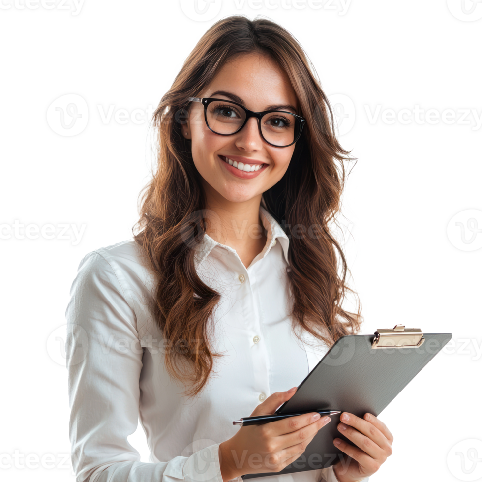 An attractive young businesswoman auditor writing on clipboard smiling and confident isolate on transparency background png