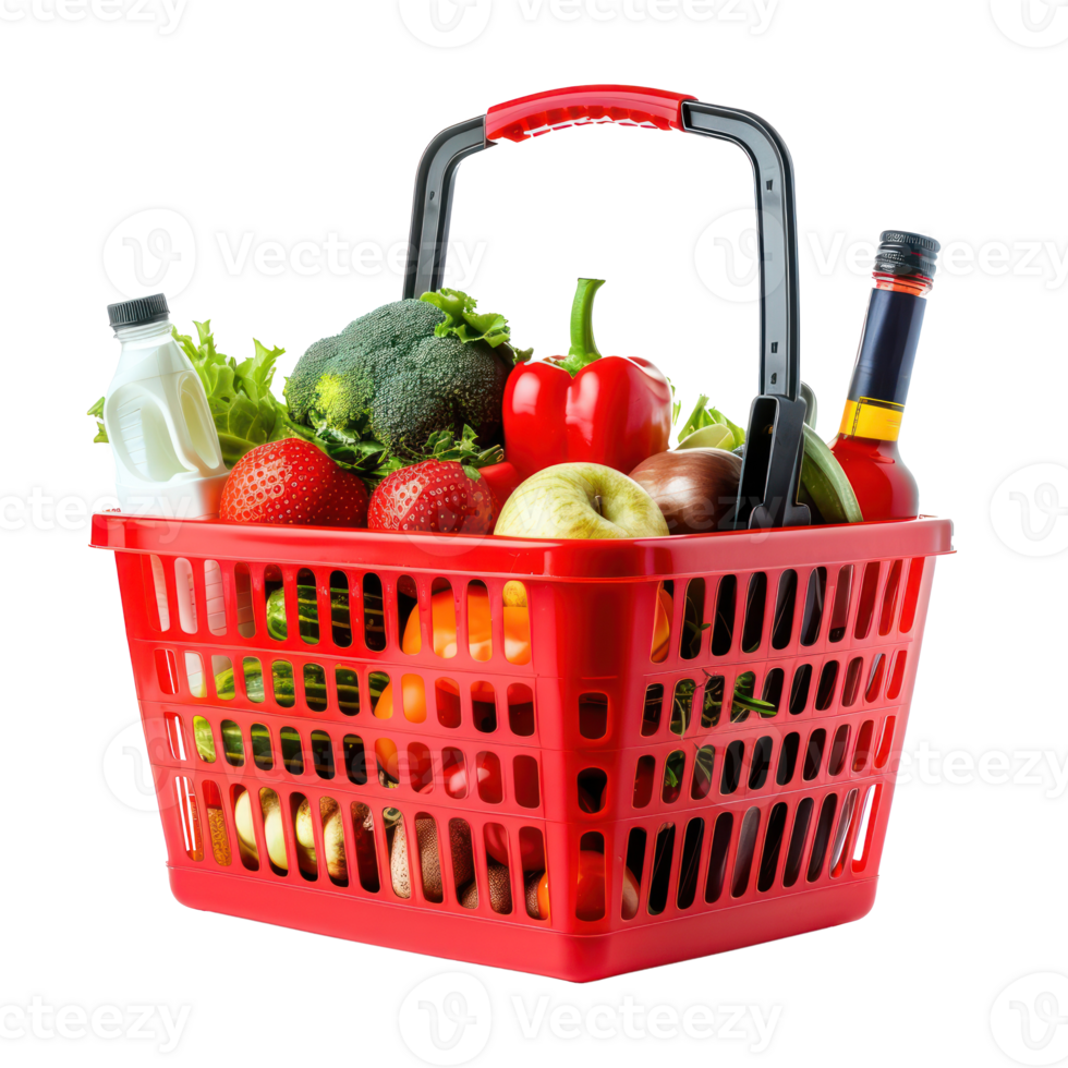 Red plastic Shopping basket with variety of grocery products front view isolate on transparency background png