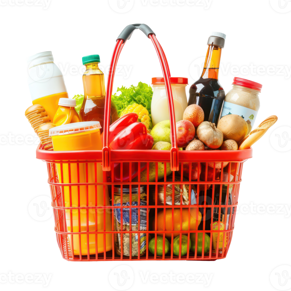 Shopping basket with variety of grocery products side view isolate on transparency background png