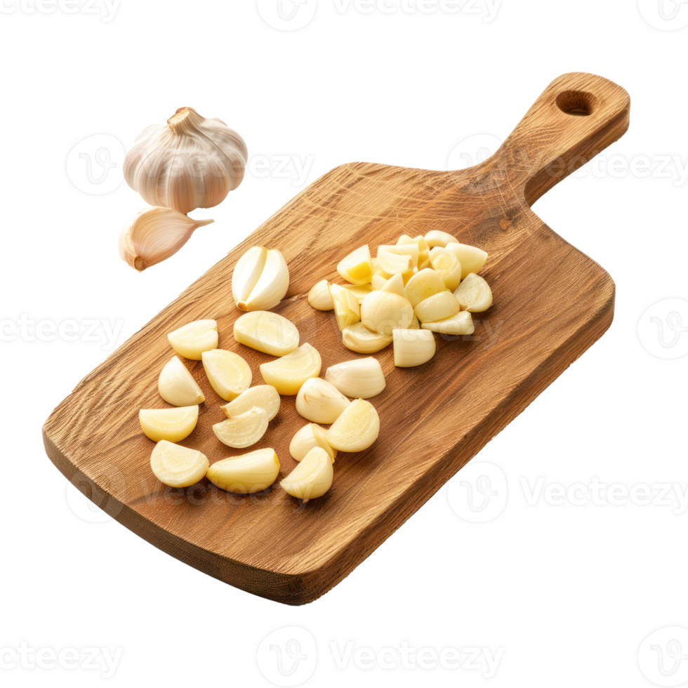 Sliced Garlic on chopping board isolate on transparency background png