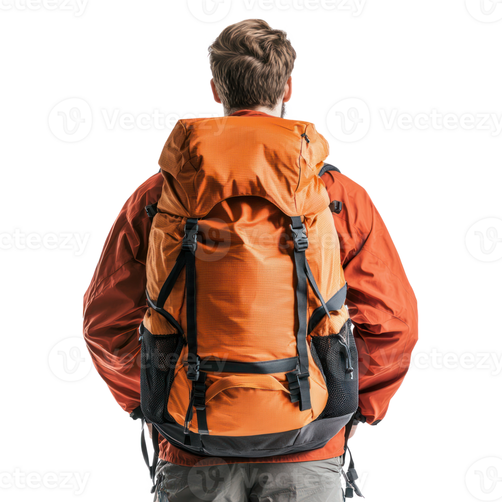 hiker man carrying backpack rear view isolate on transparency background png