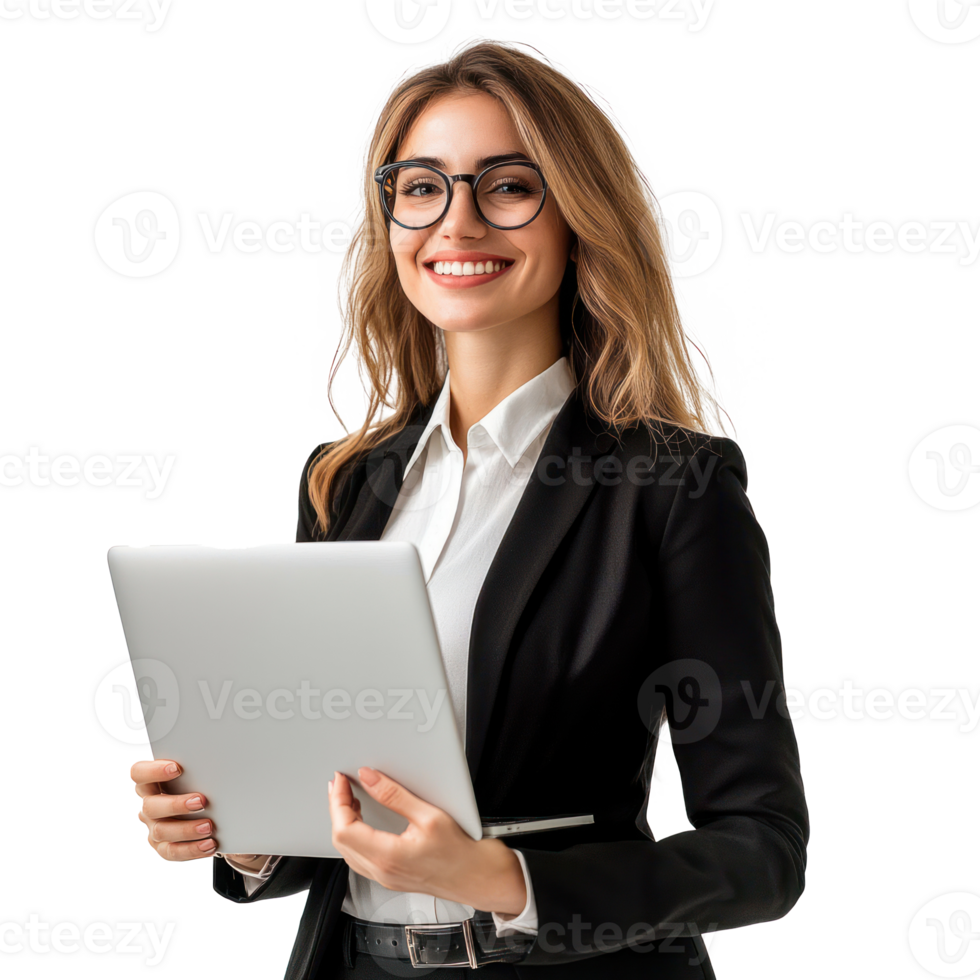 Happy businesswoman holding laptop looking away with smiling and confident isolate on transparency background png