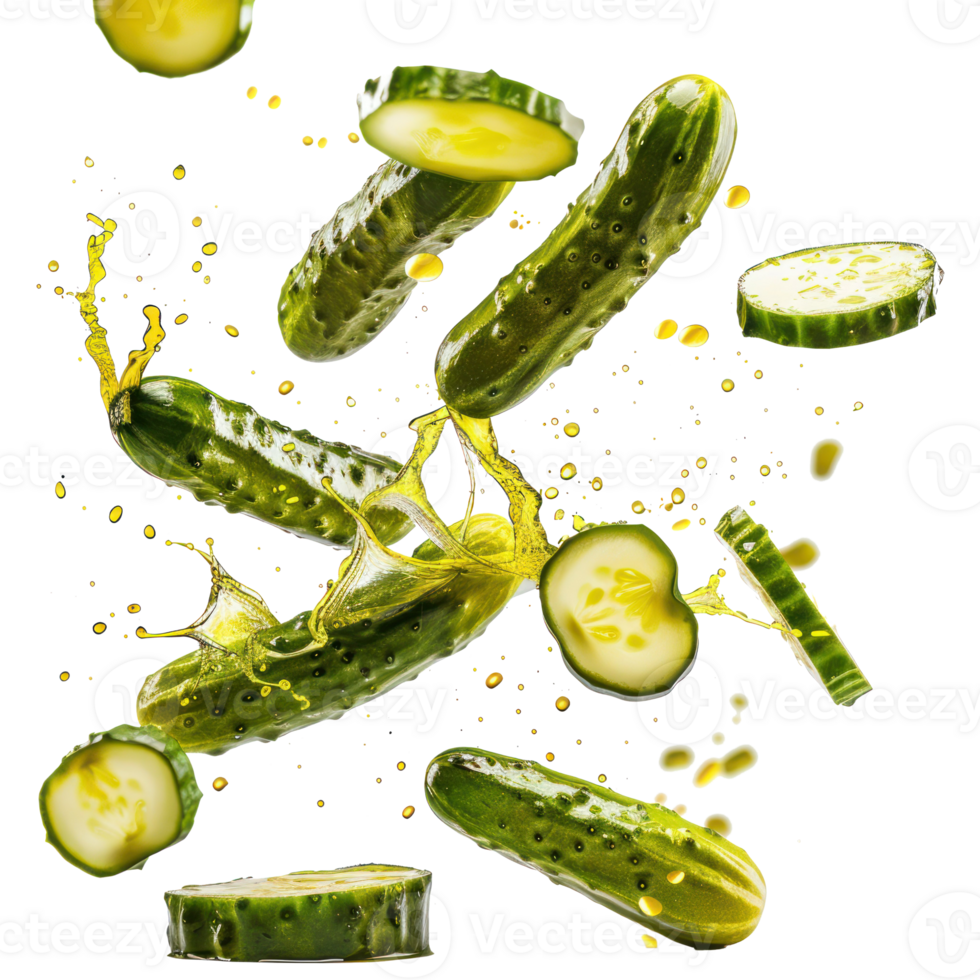 Falling marinated cucumbers isolate on transparency background png