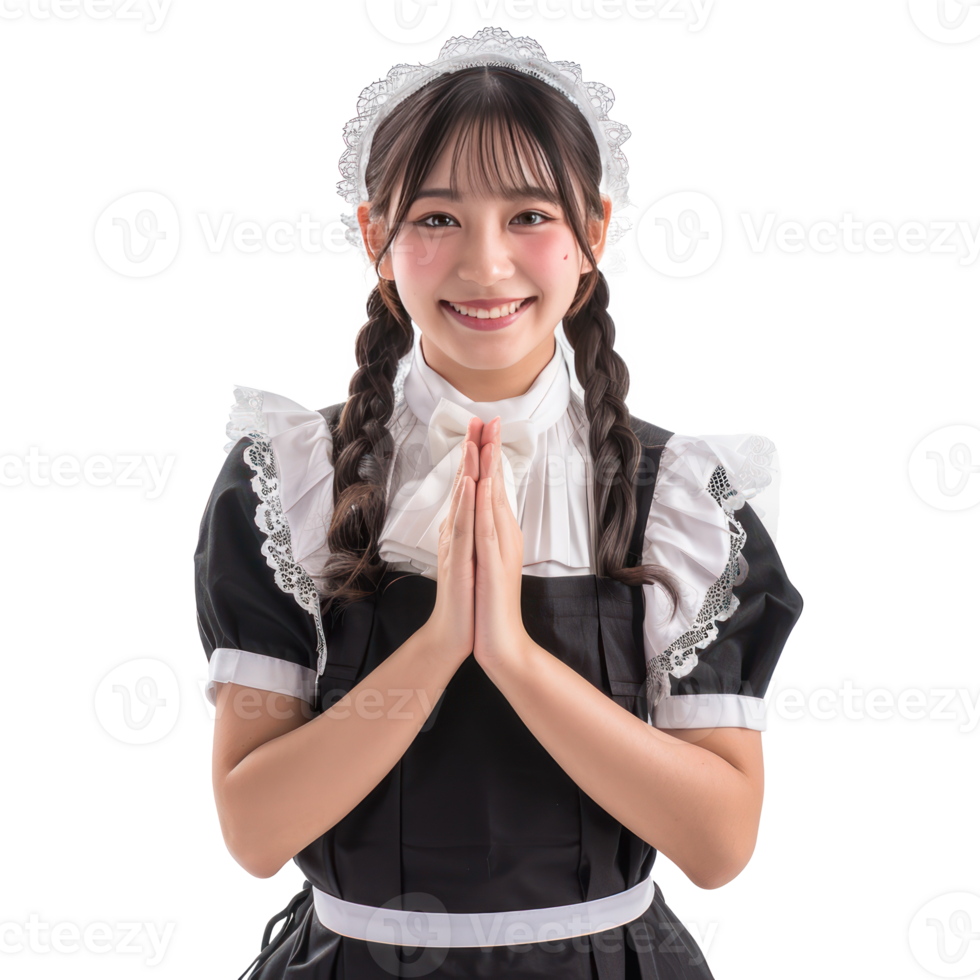 Smiling young attractive female in maid custome greeting gesture isolate on transparency background png