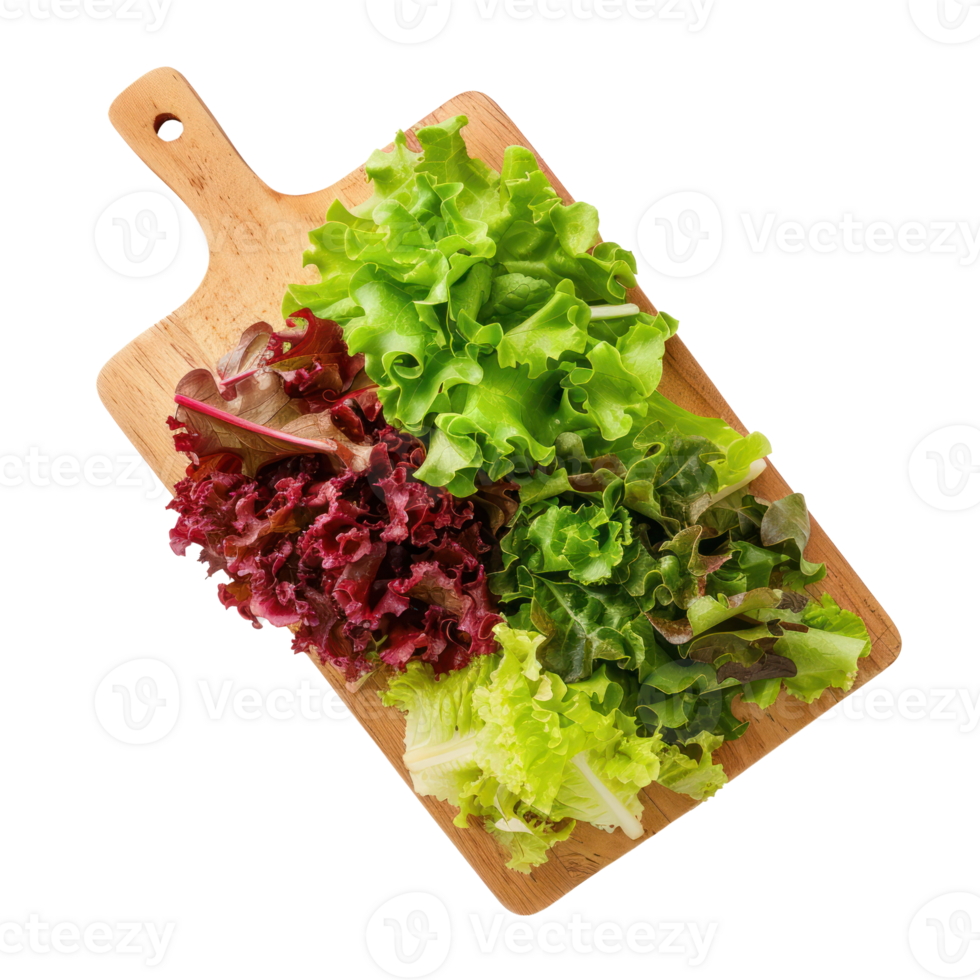 Sliced Green and Red Leaf Lettuce on chopping board top view isolate on transparency background png
